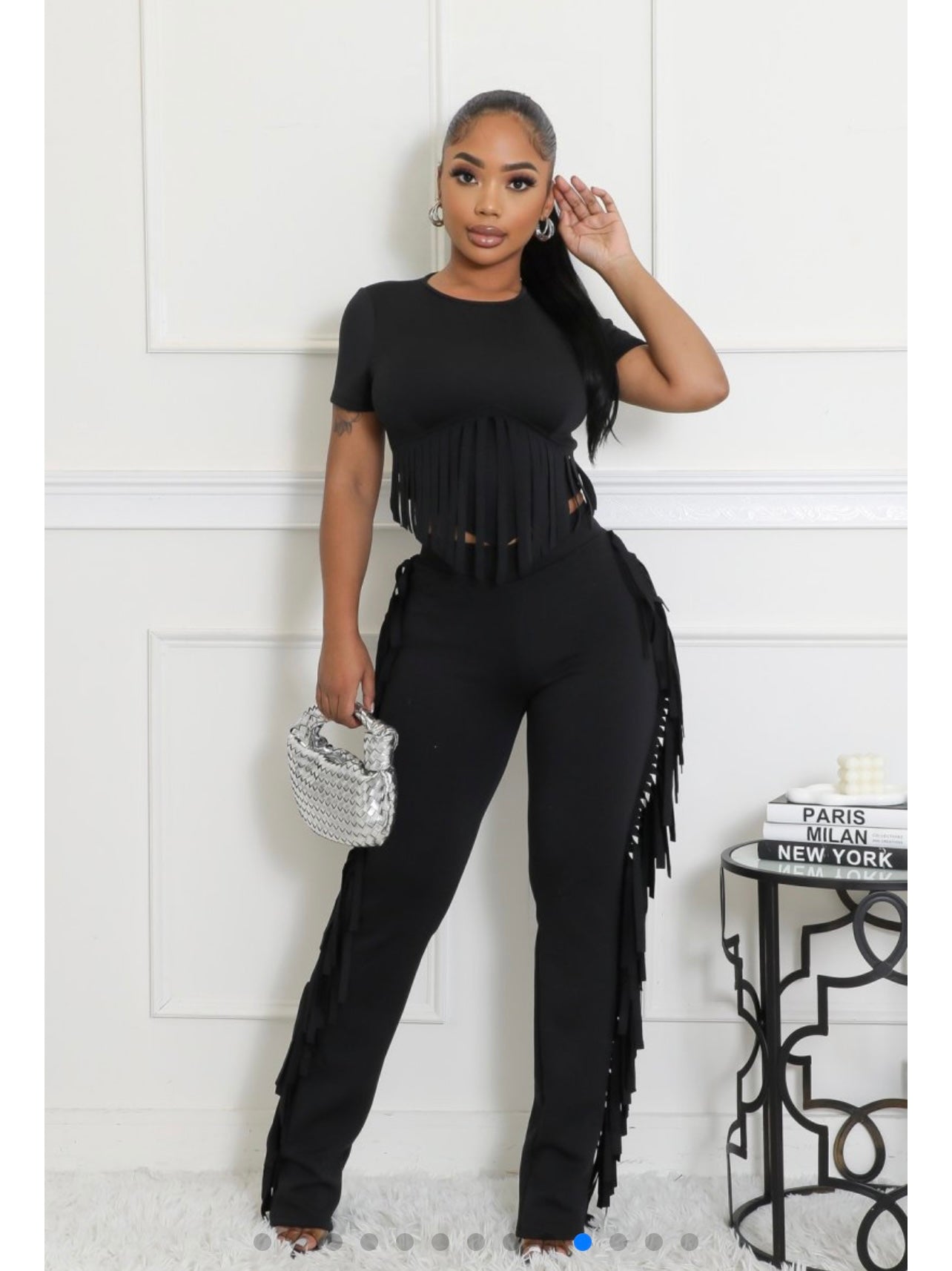 Black Fringe Pant Set