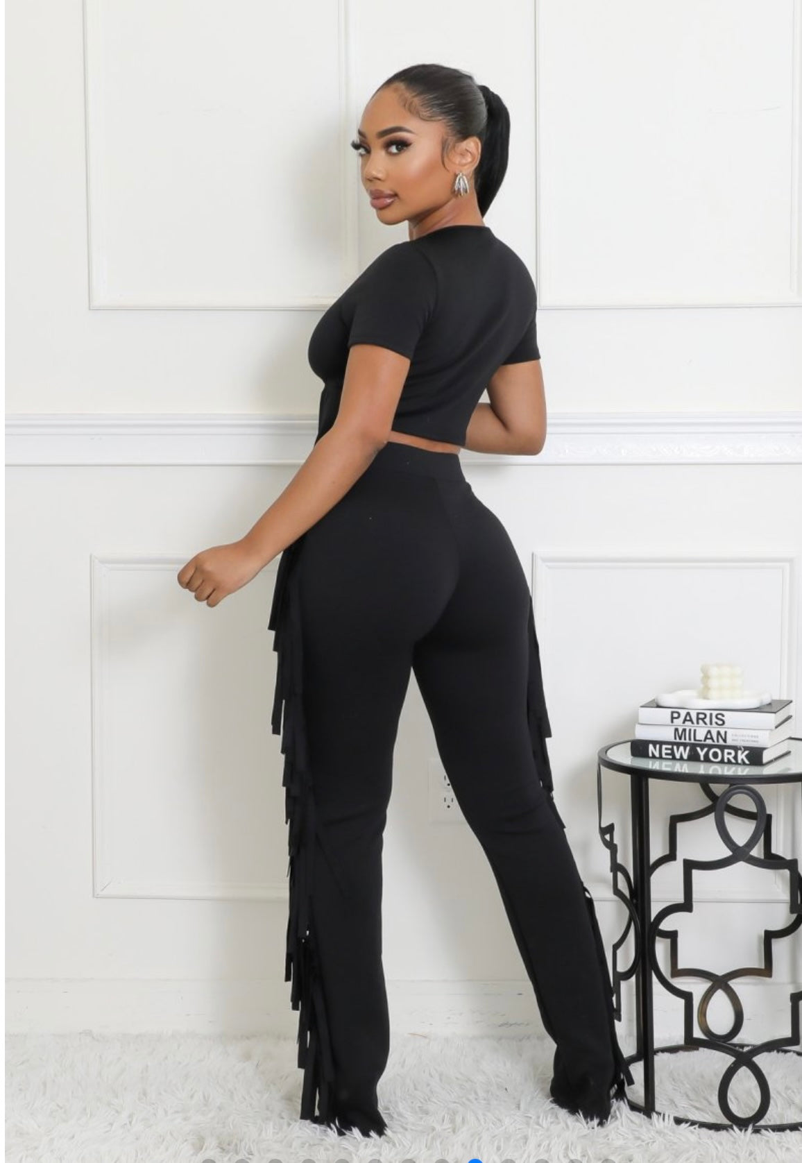 Black Fringe Pant Set