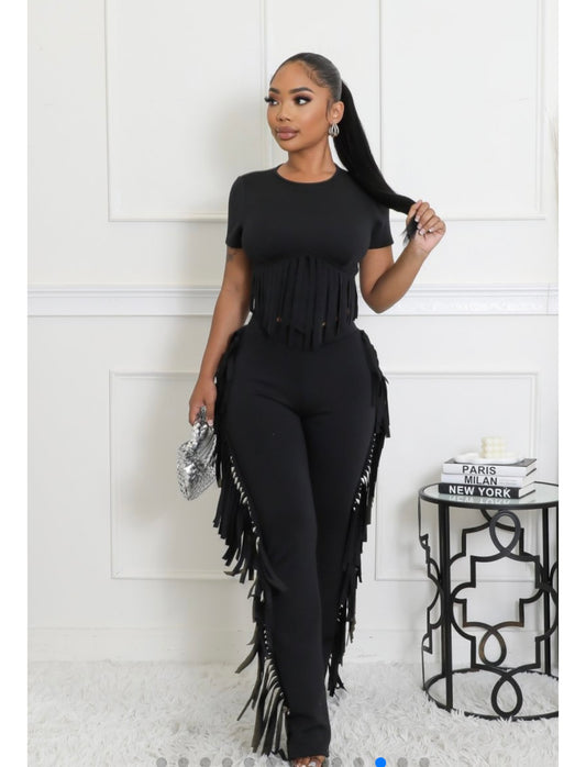 Black Fringe Pant Set