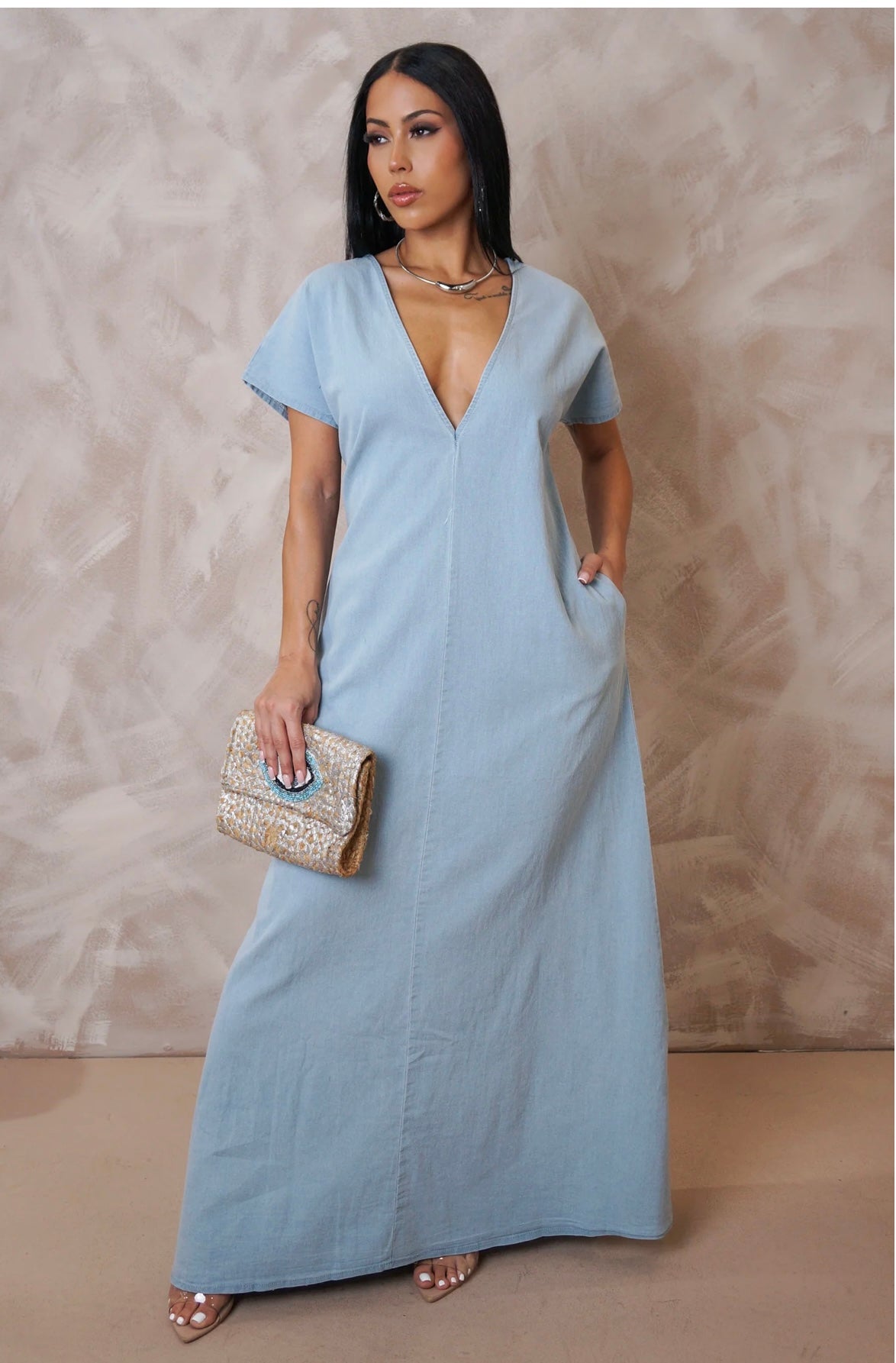denim maxi dresses for women Vestido de Mezclilla Tallahassee - Deslavado Medio Do Not Iron IDALL Maxi Dresses,Denim Dress Women