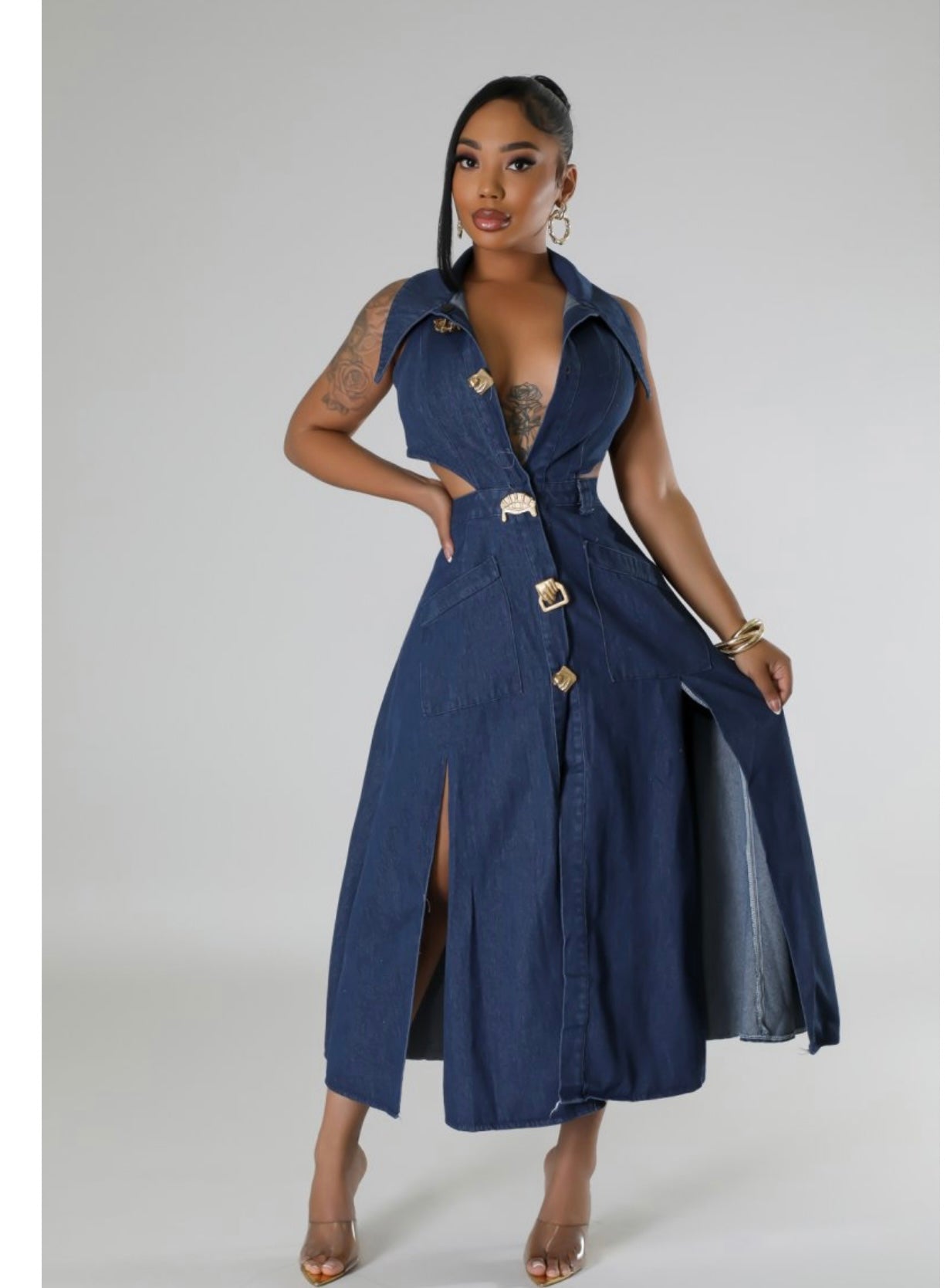Cut-out Denim Midi Dress – A Fashionistas Kollection Cut-out Denim Midi Dress – A Fashionistas Kollection
